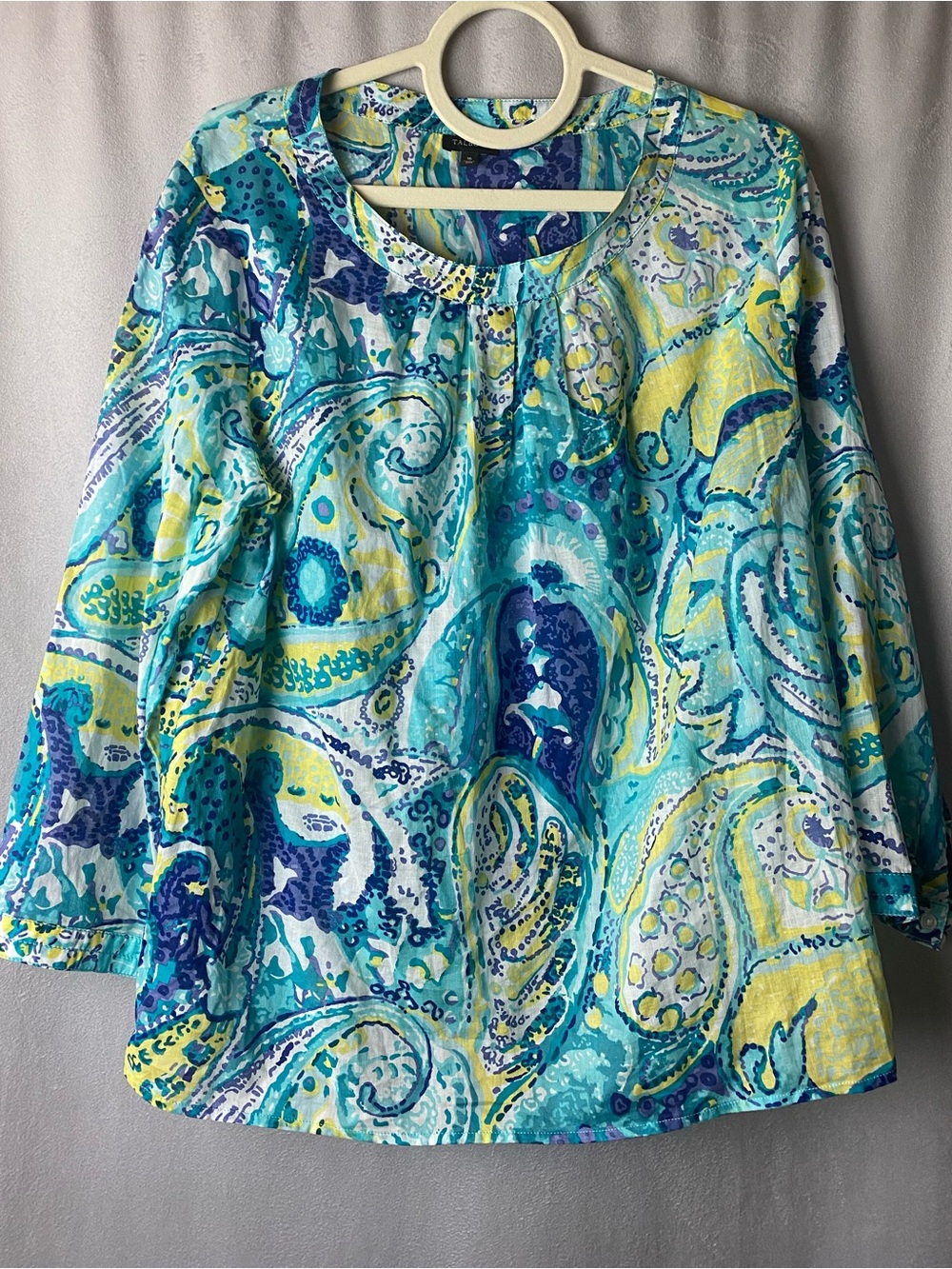 Talbots Women's Aqua Paisley Long-Sleeve Tunic Top Boho Bright Cotton 16